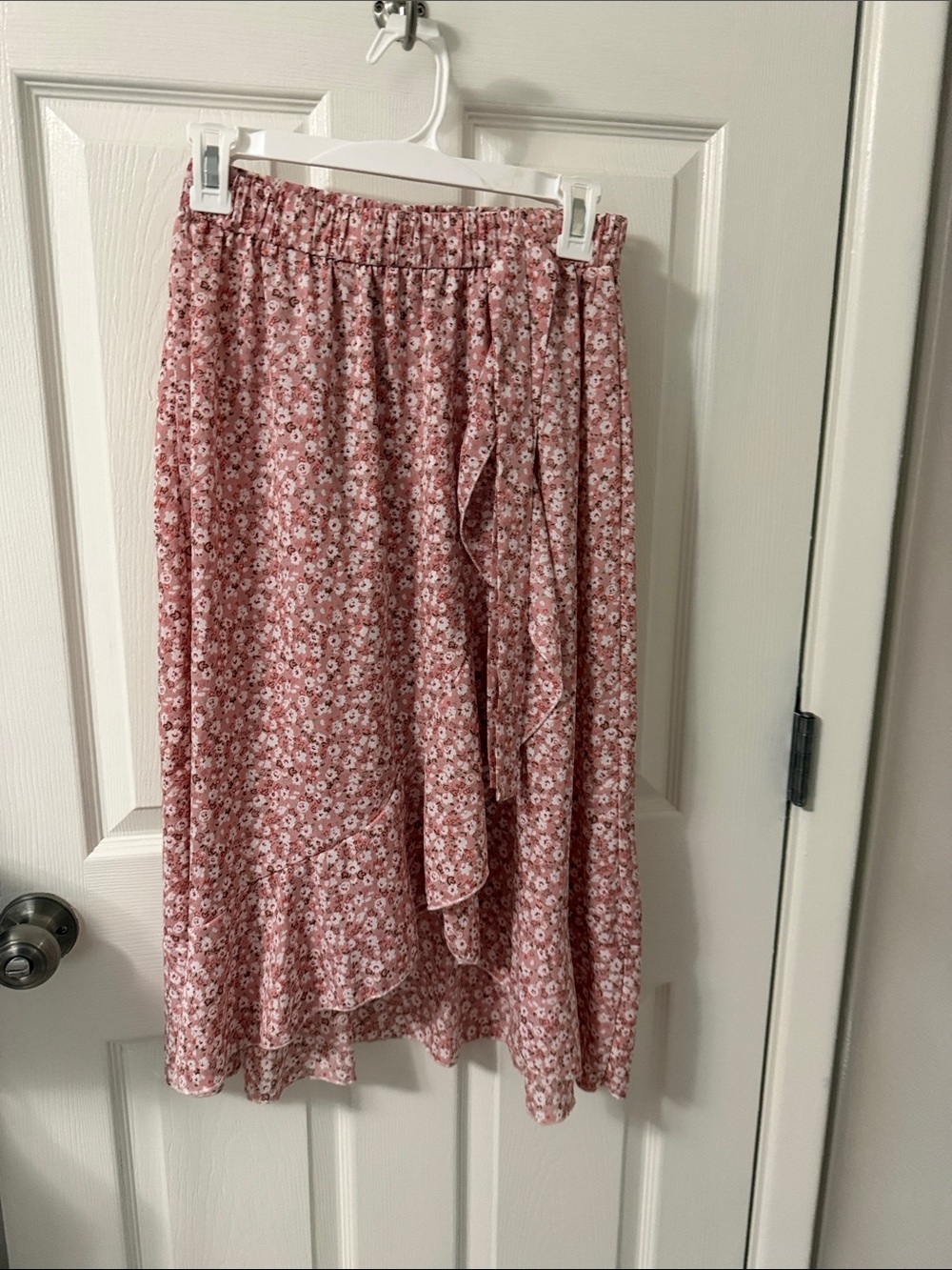 SHEIN Pink Floral High-Low Ruffle Midi Skirt